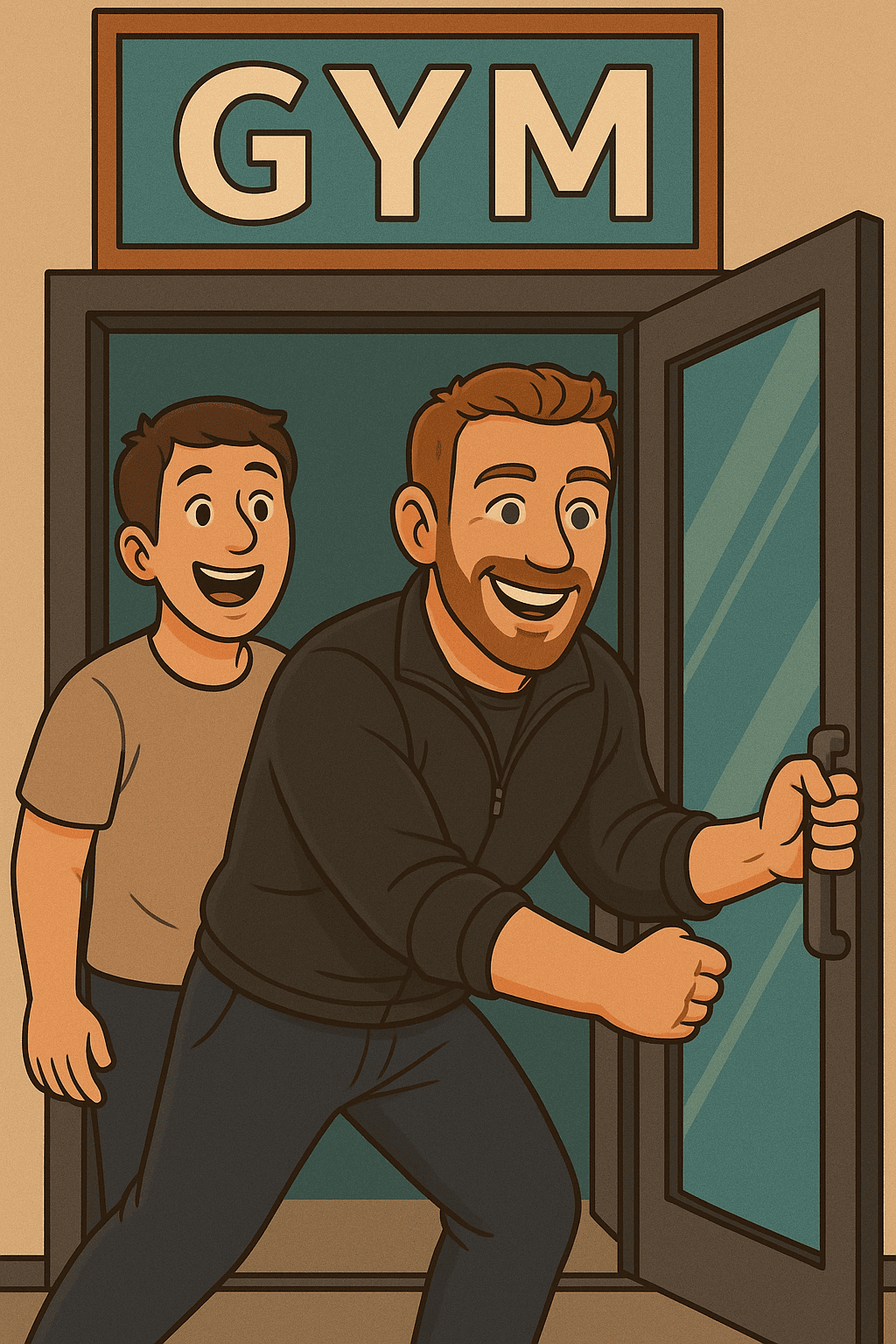 fit friend gym buddy opening door for workout partner